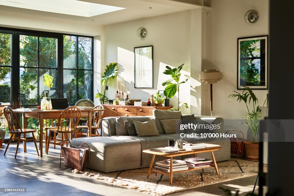 Open plan living space in residential house with natural light and retro furniture
