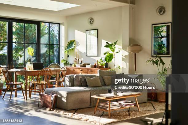 open plan living space in residential house with natural light and retro furniture - living room foto e immagini stock