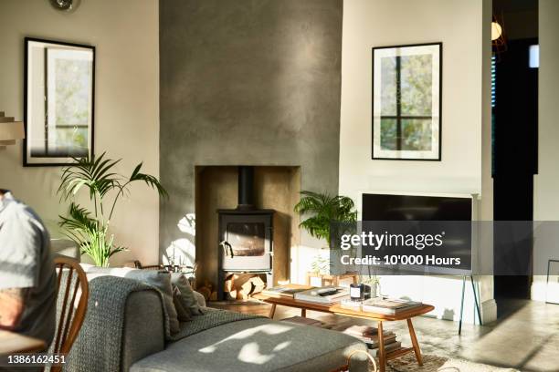 modern lounge with wood burning stove and natural sunlight - reality tv fotografías e imágenes de stock