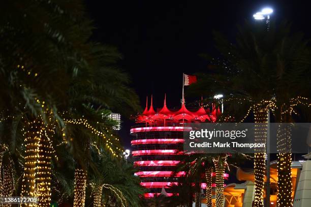 General view of the paddock at night during previews ahead of the F1 Grand Prix of Bahrain at Bahrain International Circuit on March 17, 2022 in...