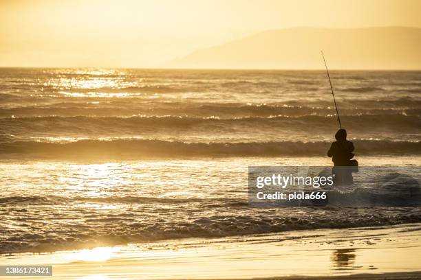 Person fishing on cliff catches starfish by calm sea at sunset