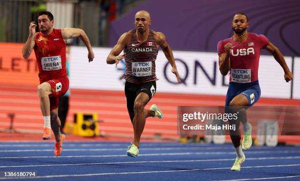 Jorge Urena of Spain ESP, Damian Warner of Canada CAN, and Garrett Scantling of the United States USA compete during the Men's Heptathlon - 60 Metres...