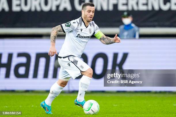 Vieirinha of PAOK Thessaloniki runs with the ball during the UEFA Conference League match between KAA Gent and PAOK FC at Ghelamco Arena on March 17,...