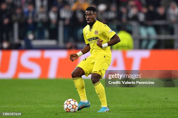 Serge Aurier of Villarreal CF in action during the UEFA Champions League Round Of Sixteen Leg Two match between Juventus and Villarreal CF at...