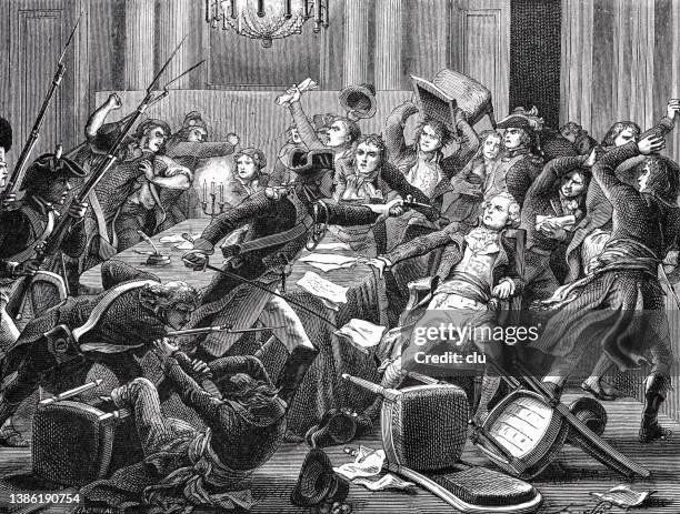 stockillustraties, clipart, cartoons en iconen met french revolution: the 9th thermidor in the city house - franse revolutie