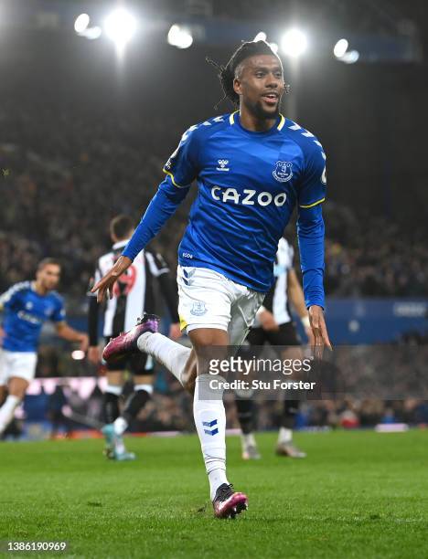 Everton striker Alex Iwobi celebrates after scoring the winning goal during the Premier League match between Everton and Newcastle United at Goodison...