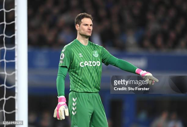Everton goalkeeper Asmir Begovic in action during the Premier League match between Everton and Newcastle United at Goodison Park on March 17, 2022 in...