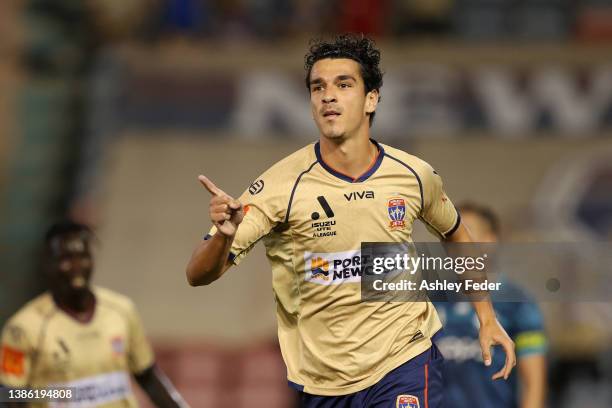 Eli Babalj of the Jets celebrates his goal during the A-League Mens match between Newcastle Jets and Wellington Phoenix at McDonald Jones Stadium, on...