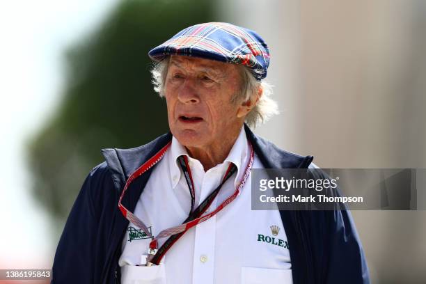 Sir Jackie Stewart walks in the Paddock before practice ahead of the F1 Grand Prix of Bahrain at Bahrain International Circuit on March 18, 2022 in...