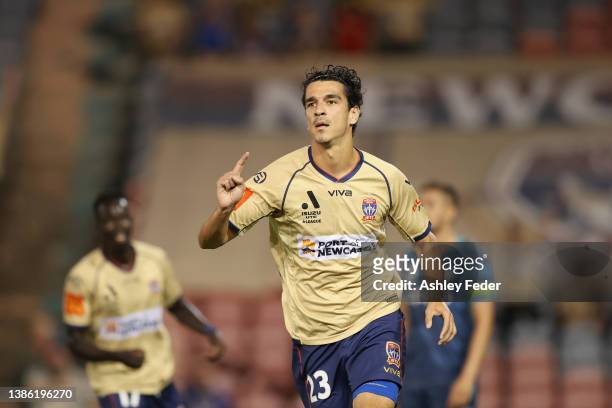 Eli Babalj of the Jets celebrates his goal during the A-League Mens match between Newcastle Jets and Wellington Phoenix at McDonald Jones Stadium, on...