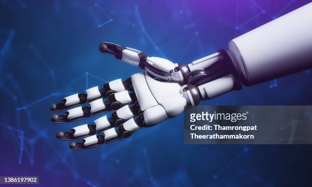 robotic arm giving handshake with blue tech background. automation technology and artificial intelligence concept. cyber innovation theme. 3d illustration rendering - braccio umano foto e immagini stock