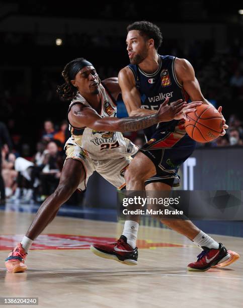 Tad Dufelmeier of the 36ers competes with c22during the round 16 NBL match between Adelaide 36ers and Cairns Taipans at Adelaide Entertainment Centre...