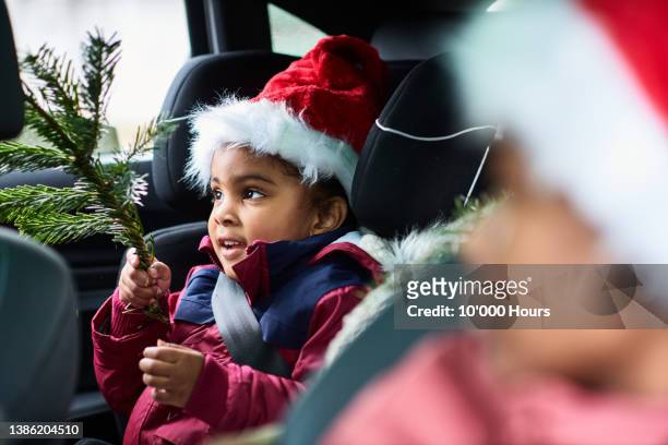 excited young girl wearing santa hat holding christmas tree branch in car seat - safe kids day arrivals stock pictures, royalty-free photos & images