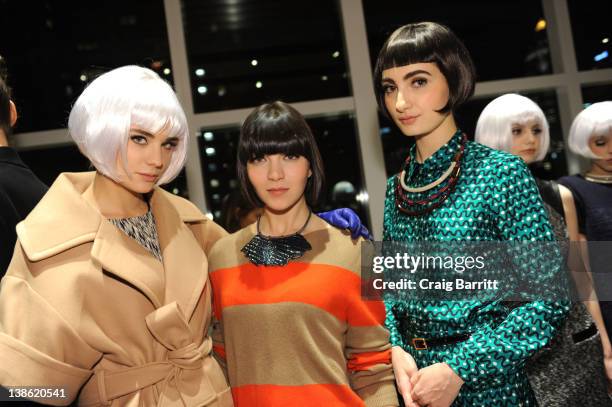 Models pose backstage at the Whit fall 2012 fashion show during Mercedes-Benz Fashion Week at Yotel on February 9, 2012 in New York City.