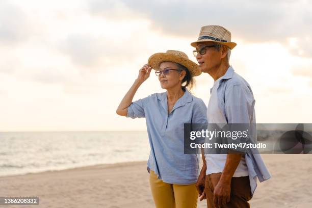 lovely senior couple on the beach - elder couple asian stock-fotos und bilder