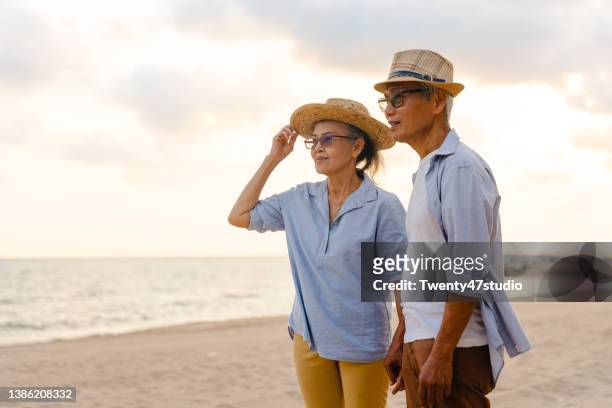 lovely senior couple on the beach - older couple stockfoto's en -beelden