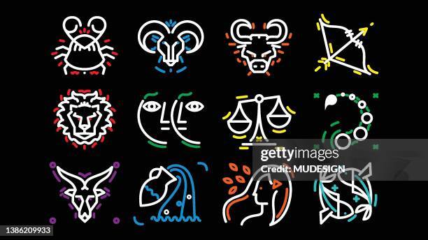 stockillustraties, clipart, cartoons en iconen met horoscope signs line design. vector thin line geometric badge. - zodiac