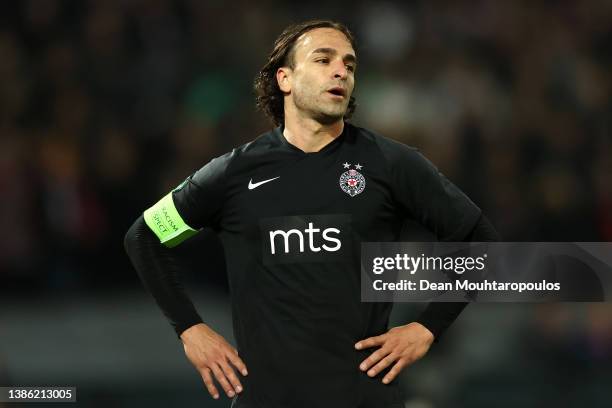 Lazar Markovic of Partizan Belgrade reacts to a missed chance on goal during the UEFA Conference League Round of 16 Leg Two match between Feyenoord...