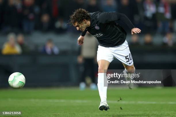 Lazar Markovic of Partizan Belgrade heads on goal during the UEFA Conference League Round of 16 Leg Two match between Feyenoord and FK Partizan...