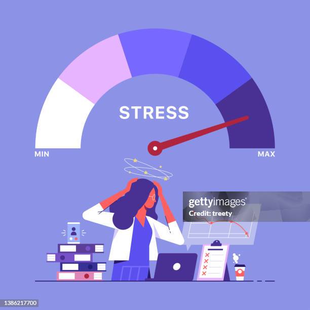 emotional overload and burnout concept - working on laptop close up stock illustrations