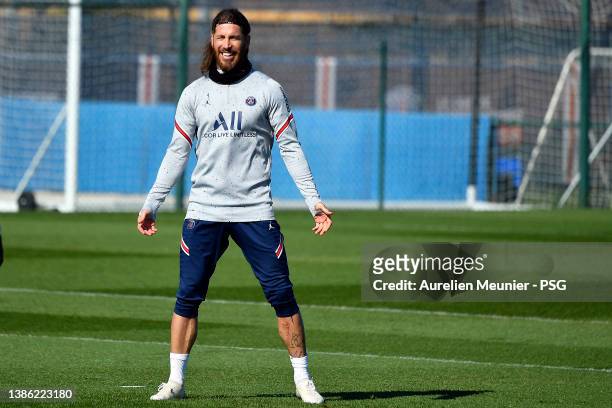 Sergio Ramos reacts during a Paris Saint-Germain training session at Ooredoo Center on March 18, 2022 in Paris, France.