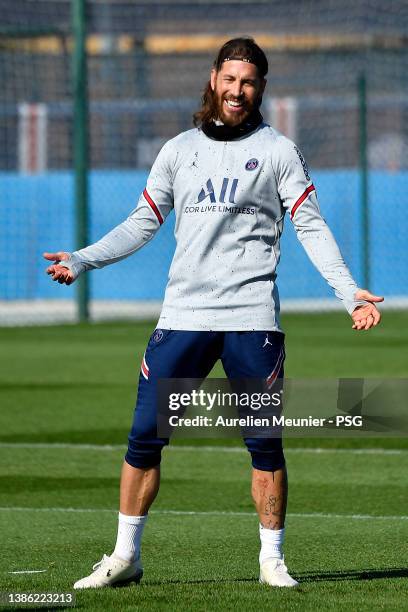 Sergio Ramos reacts during a Paris Saint-Germain training session at Ooredoo Center on March 18, 2022 in Paris, France.