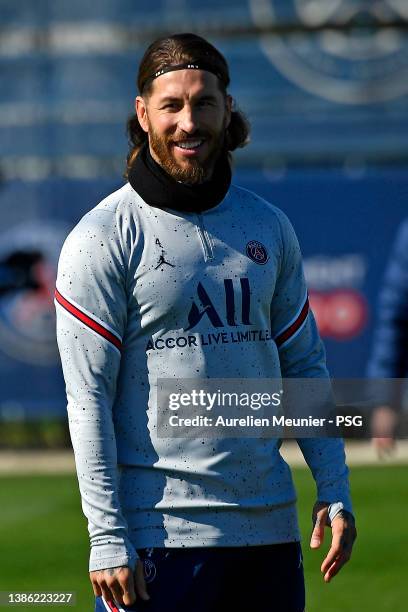 Sergio Ramos looks on during a Paris Saint-Germain training session at Ooredoo Center on March 18, 2022 in Paris, France.