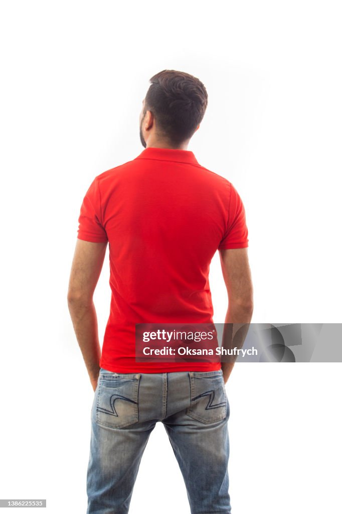 Man in red t-shirt polo with free space for design