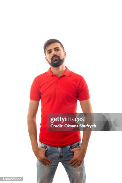 man in red t-shirt polo with free space for design - indian male model stockfoto's en -beelden