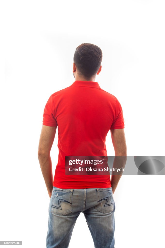 Man in red t-shirt polo with free space for design