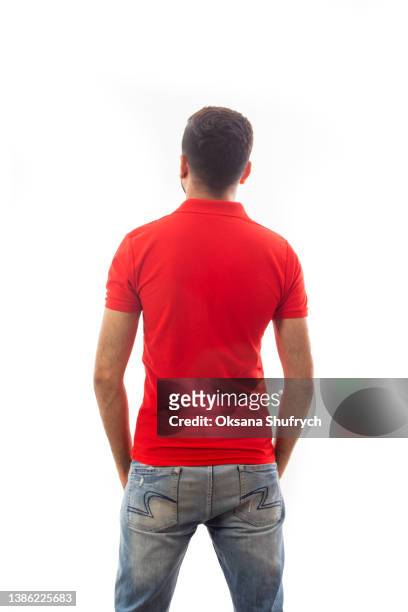 man in red t-shirt polo with free space for design - rear view stock pictures, royalty-free photos & images