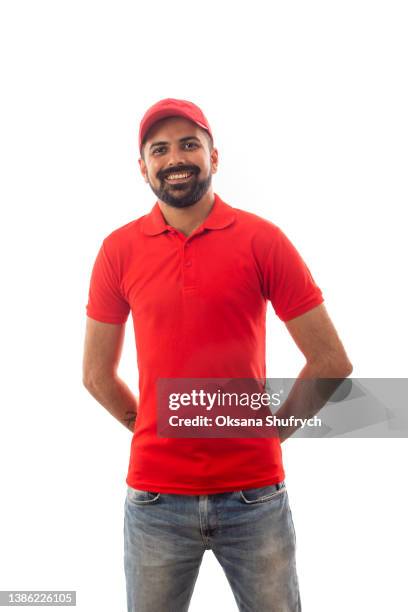 man in red t-shirt polo with free space for design - red polo stock pictures, royalty-free photos & images