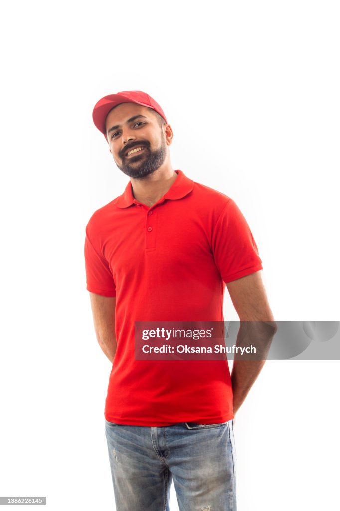 Man in red t-shirt polo with free space for design