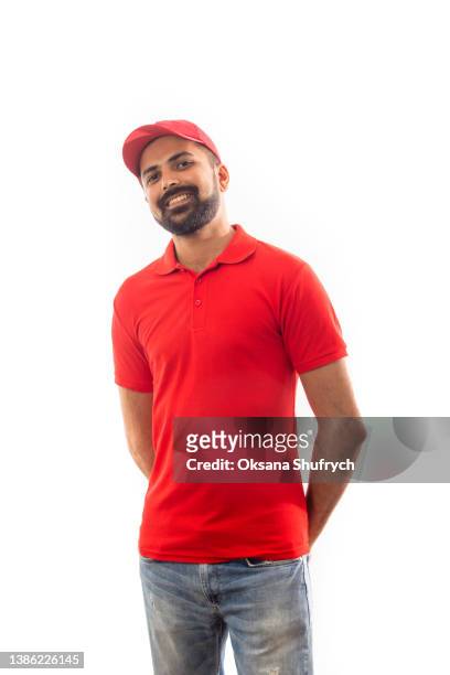 man in red t-shirt polo with free space for design - blank t shirt model stock pictures, royalty-free photos & images