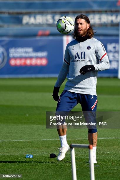 Sergio Ramos controls the ball during a Paris Saint-Germain training session at Ooredoo Center on March 18, 2022 in Paris, France.