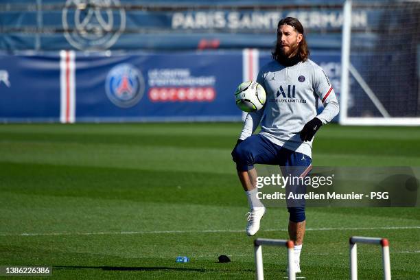 Sergio Ramos controls the ball during a Paris Saint-Germain training session at Ooredoo Center on March 18, 2022 in Paris, France.