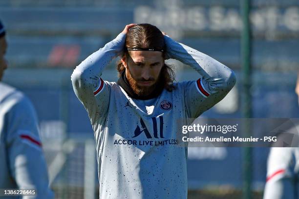 Sergio Ramos looks on during a Paris Saint-Germain training session at Ooredoo Center on March 18, 2022 in Paris, France.