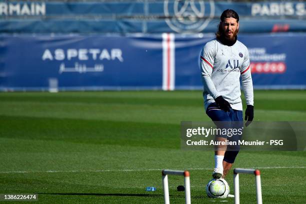 Sergio Ramos looks on during a Paris Saint-Germain training session at Ooredoo Center on March 18, 2022 in Paris, France.