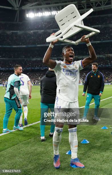David Alaba from Real Madrid celebrating the win during the UEFA Champions League Round Of Sixteen Leg Two match between Real Madrid and Paris...