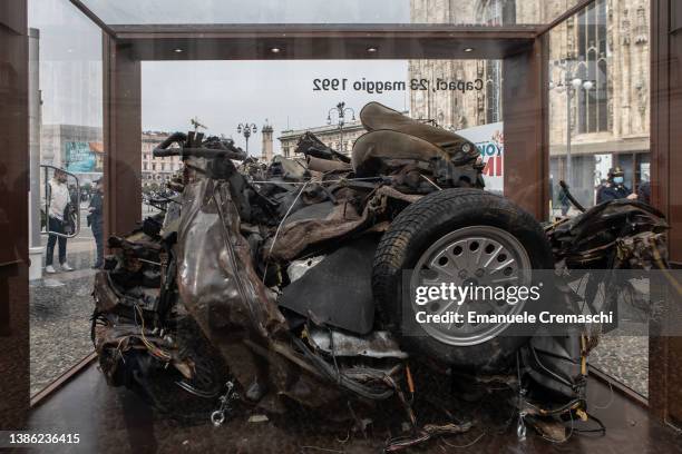 General view of the remains of judge Giovanni Falcone's escort car, an armored Croma known as ‘Quarto Savona Quindici’, which was blown up in a bomb...