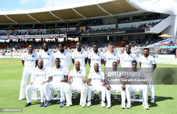 West Indies pose for a team photograph ahead of day three of the 2nd test match between West Indies and England at Kensington Oval on March 18, 2022...