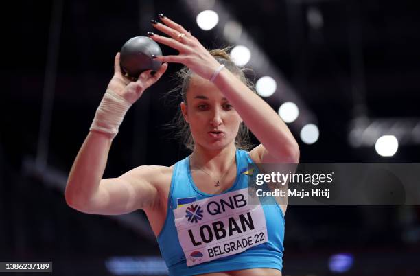 Yuliya Loban of Ukraine UKR competes during the Women's Pentathlon - Shot Putt on Day One of the World Athletics Indoor Championships Belgrade 2022...