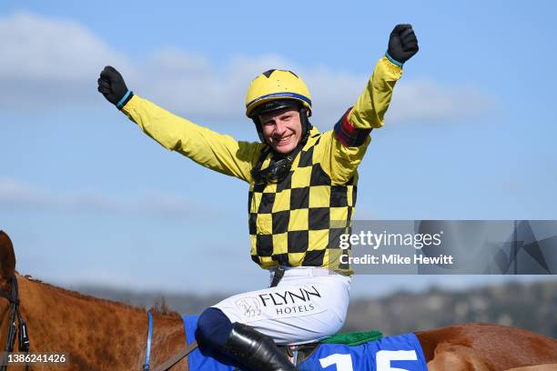 Paul Townend on State Man celebrates after their victory in The McCoy Contractors County Handicap Hurdle race during day four of the Cheltenham...