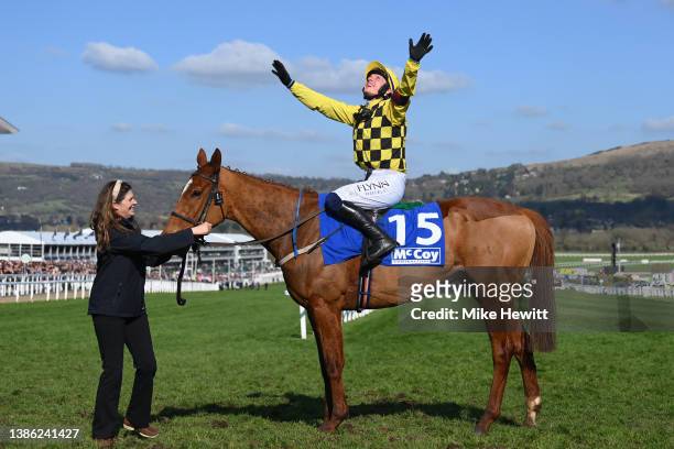 Paul Townend on State Man celebrates after their victory in The McCoy Contractors County Handicap Hurdle race during day four of the Cheltenham...