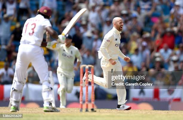 Jack Leach of England celebrates dismissing Shamarh Brooks of the West Indies during day three of the 2nd test match between West Indies and England...