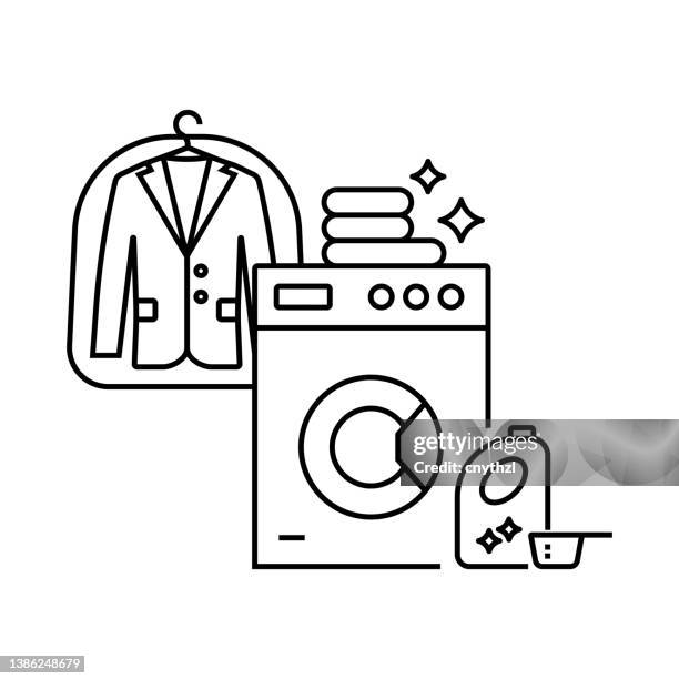 laundry service vector line icon, simple thin line icon - modern laundry machine stock illustrations