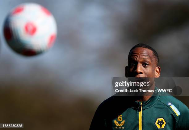 Willy Boly of Wolverhampton Wanderers looks on during a Wolverhampton Wanderers Training Session at The Sir Jack Hayward Training Ground on March 17,...