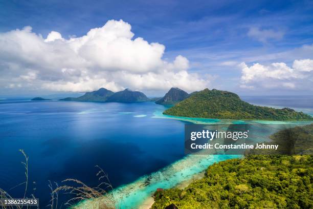 tropical islands. scenic view of bohey dulang and bodgaya islands, semporna, sabah, malaysia. - サンゴ海 ストックフォトと画像