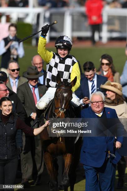 Sean O'Keeffe on The Nice Guy celebrates after their victory in The Albert Bartlett Novices' Hurdle race during day four of the Cheltenham Festival...