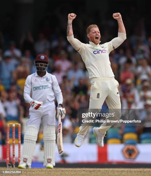 Ben Stokes of England appeals and dismisses Nkrumah Bonner of West Indies during the third day of the second Test between West Indies and England at...